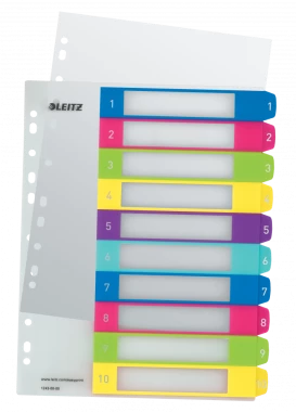 10x Przekładki plastikowe numeryczne Leitz Wow, do nadruku tekstu na kartę, A4+, 1-10 przekładek, mix kolorów