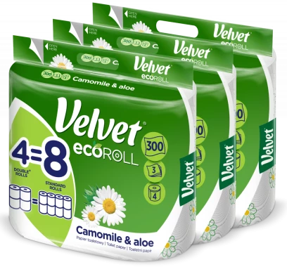 3x Papier toaletowy Velvet EcoRoll, rumiankowy, 3-warstwowy, 4 rolki, biały