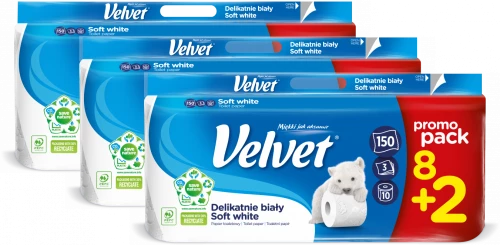 3x Papier toaletowy Velvet, 3-warstwowy, 10 rolek (8+2), delikatnie biały