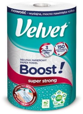 6x Ręcznik papierowy Velvet Boost, 3-warstwowy, w roli, 1 rolka, biały