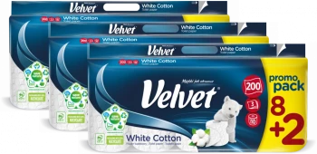 3x Papier toaletowy Velvet White Cotton, 3-warstwowy, 8+2 rolek, 25m, biały