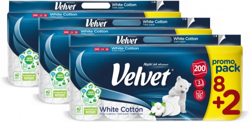 3x Papier toaletowy Velvet White Cotton, 3-warstwowy, 8+2 rolek, 25m, biały