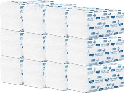 12x Ręcznik papierowy Velvet Care Professional, dwuwarstwowy, w składce ZZ, 23x23cm, 150 składek, biały