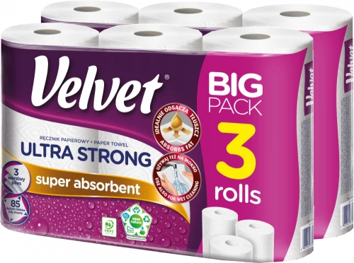 2x Ręcznik papierowy Velvet Ultra Strong, 3-warstwowy, w roli, 3 rolki, biały