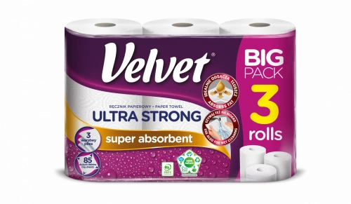 3x Ręcznik papierowy Velvet Ultra Strong, 3-warstwowy, w roli, 3 rolki, biały