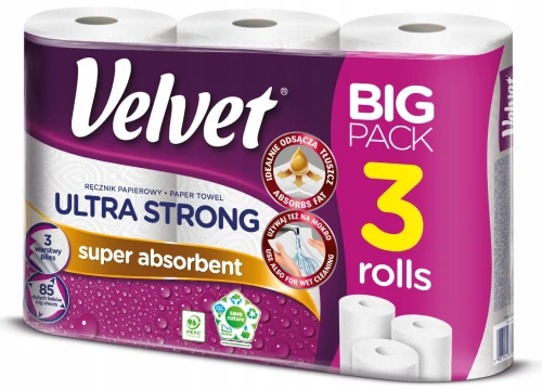 3x Ręcznik papierowy Velvet Ultra Strong, 3-warstwowy, w roli, 3 rolki, biały