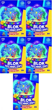 5x Blok techniczny Astra Astrapap, A4, 10 kartek, kolorowy