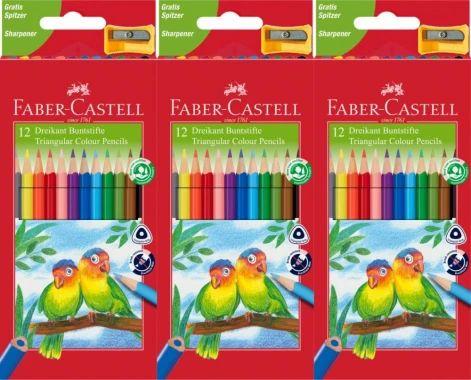 3x Kredki ołówkowe Faber Castell Eco Colour, trójkątne, 12 sztuk + temperówka, mix kolorów