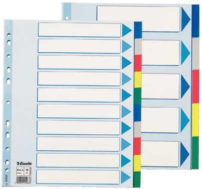 Przekładki plastikowe gładkie z kolorowymi indeksami Esselte, A4+, 10 kart, mix kolorów