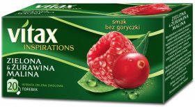 Herbata zielona smakowa w torebkach Vitax Inspirations, żurawina i malina, 20 sztuk x 1.5g