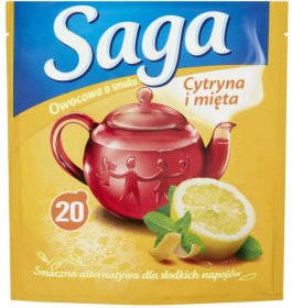 Herbata owocowa w torebkach Saga, cytryna z miętą, 20 sztuk x 1.7g