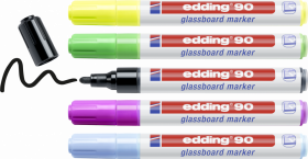 Marker do tablic szklanych edding 90, 2-3mm, 5 sztuk w etui, czarny+mix kolorów