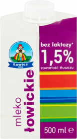 Mleko UHT Łowickie Łowicz, bez laktozy, 1.5%, 0.5l