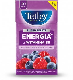 Herbata funkcjonalna w torebkach Tetley Super Fruits Energia z wit.B6, Jagoda i Malina, 20 sztuk