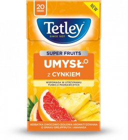 Herbata funkcjonalna w torebkach Tetley Super Fruits Umysł z cynkiem, grejpfrut i ananas, 20 sztuk x 2g