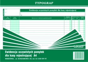 Druk akcydensowy Typograf, Ewidencja oczywistych pomyłek dla kasy rejestrującej, A4, 50k