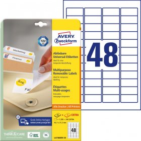 Etykiety uniwersalne usuwalne Avery Zweckform, 45.7x21.2mm, 25 arkuszy+5 gratis, biały