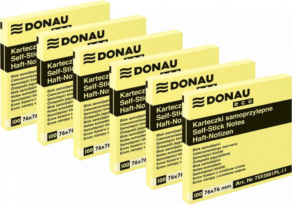 6x 100 karteczek samoprzylepnych Donau Eco, 76x76mm, jasnożółty