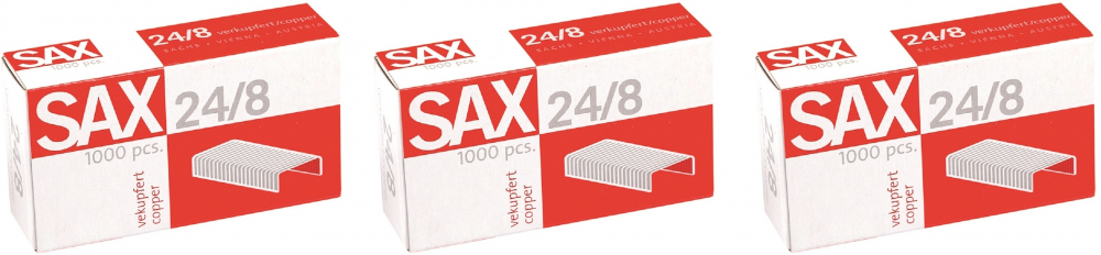 Zestaw 3x zszywki miedziane Sax, 24/8, 1000 sztuk, miedziany