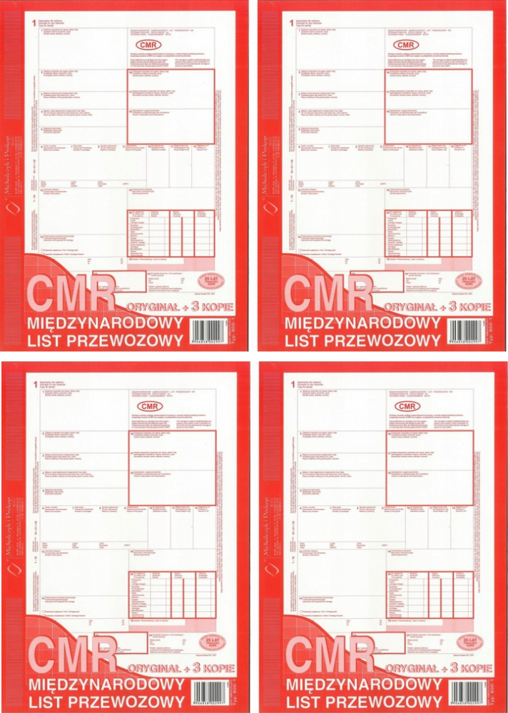 CMR Międzynarodowy list przewozowy A4 oryginał + 3 kopie