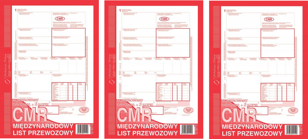 CMR Międzynarodowy list przewozowy (numerowany) A4 oryginał + 3 kopie