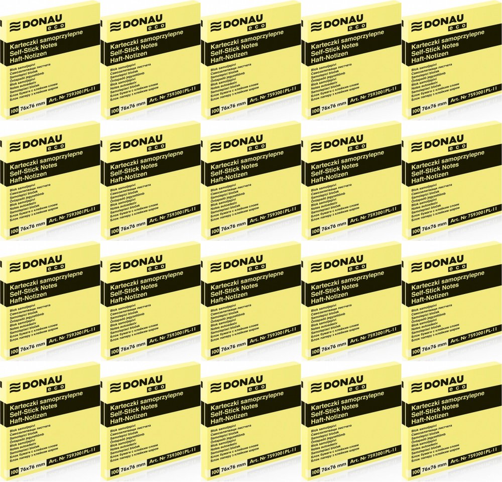 20x 100 karteczek samoprzylepnych Donau Eco, 76x76mm, jasnożółty