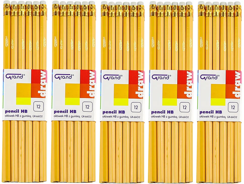 5x Ołówek Grand, lakierowany, HB, 12 sztuk, z gumką, żółty