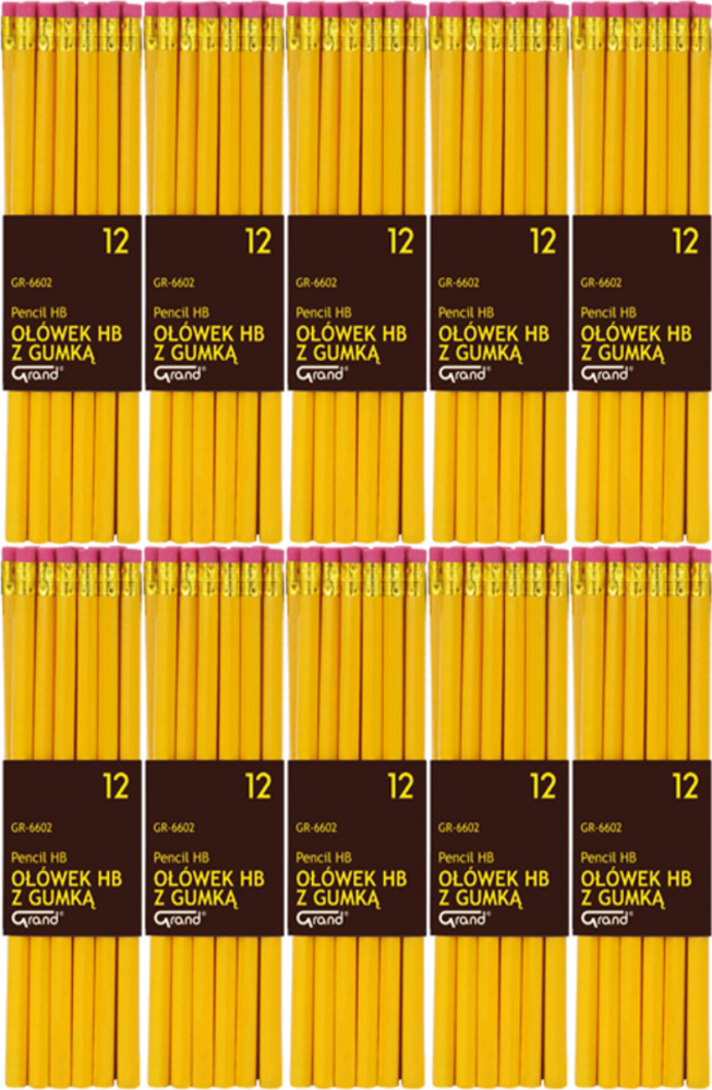 10x Ołówek Grand, lakierowany, HB, 12 sztuk, z gumką, żółty