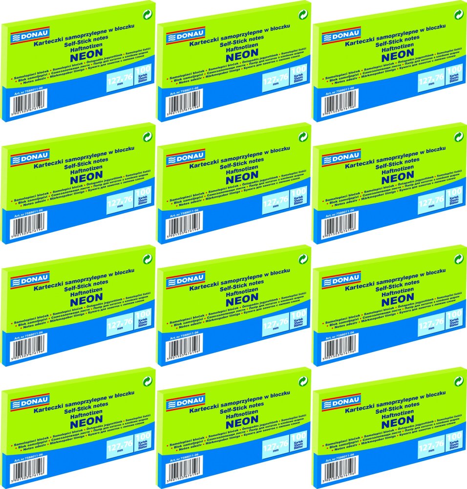 Karteczki samoprzylepne 127x76mm Donau neonowe zielony neonowy
