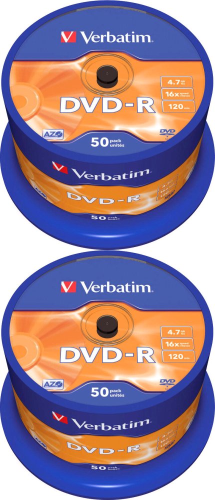 100szt Płyta DVD-R Verbatim, do jednokrotnego zapisu, 4.7 GB, cake box