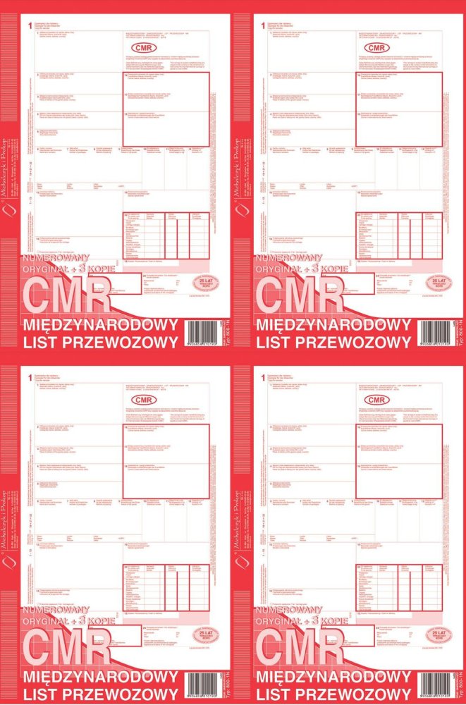 4x Druk akcydensowy CMR Międzynarodowy list przewozowy MP 800-1-N, A4, numerowany, 3 kopie, 80k