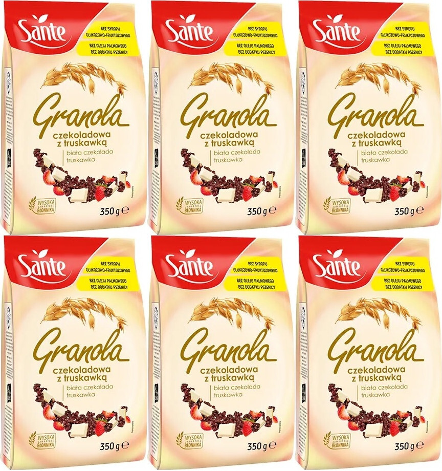 6x Granola Sante, biała czekolada i truskawka, 350g